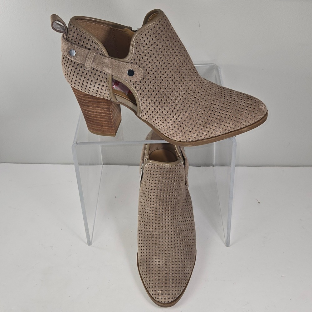 Franco Sarto Dale2 Taupe Perforated Suede Ankle Booties Side Cutout Heel Siz 8.5